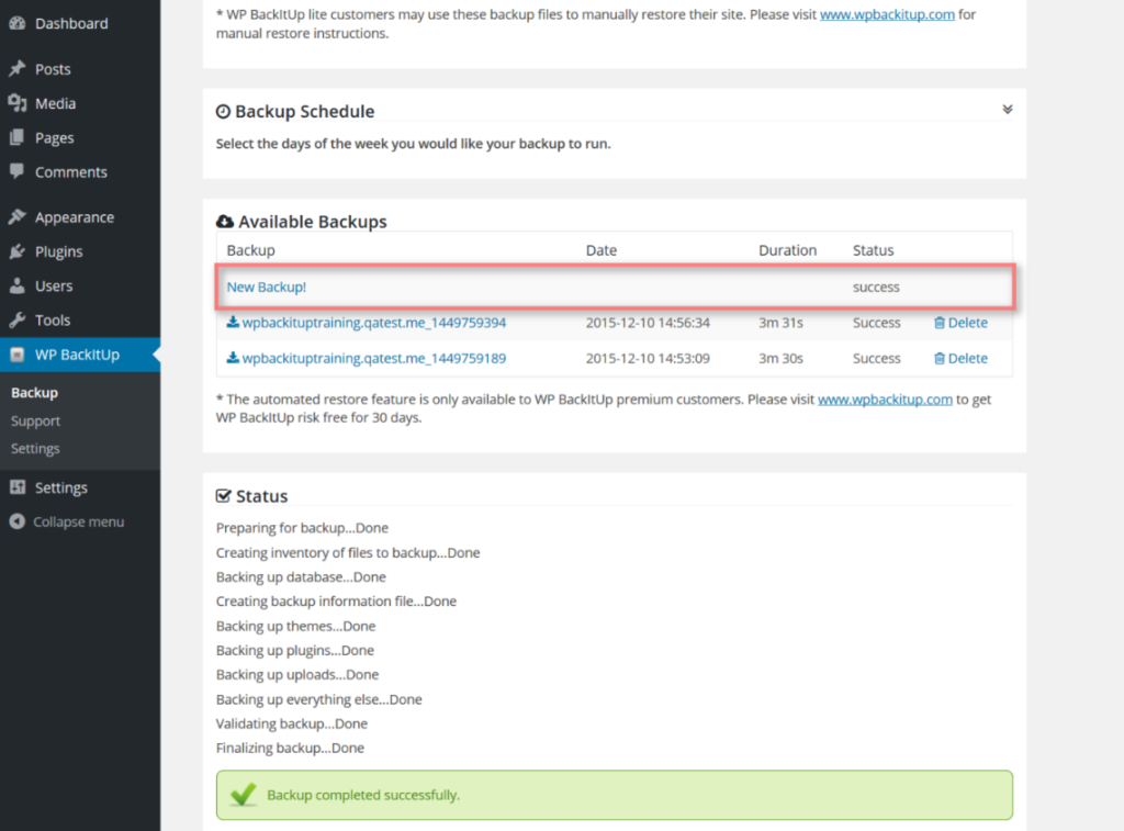 image of WordPress dashboard restoring backup option