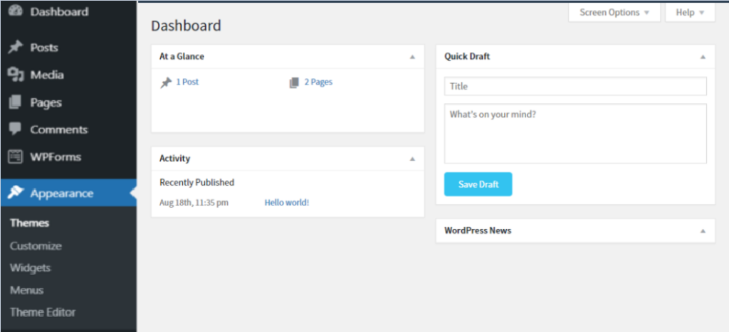 image of WordPress dashboard/ themes