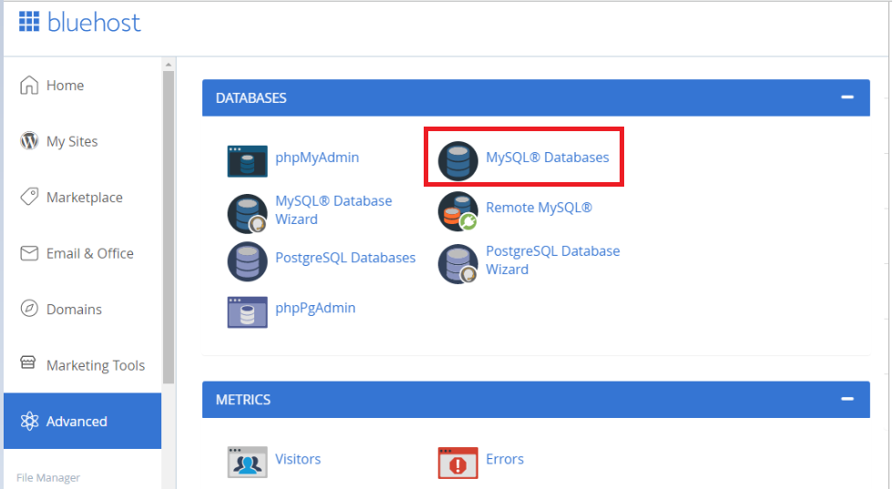Bluehost's databases dashboard
