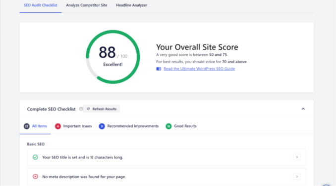 All in One SEO site score analyzation