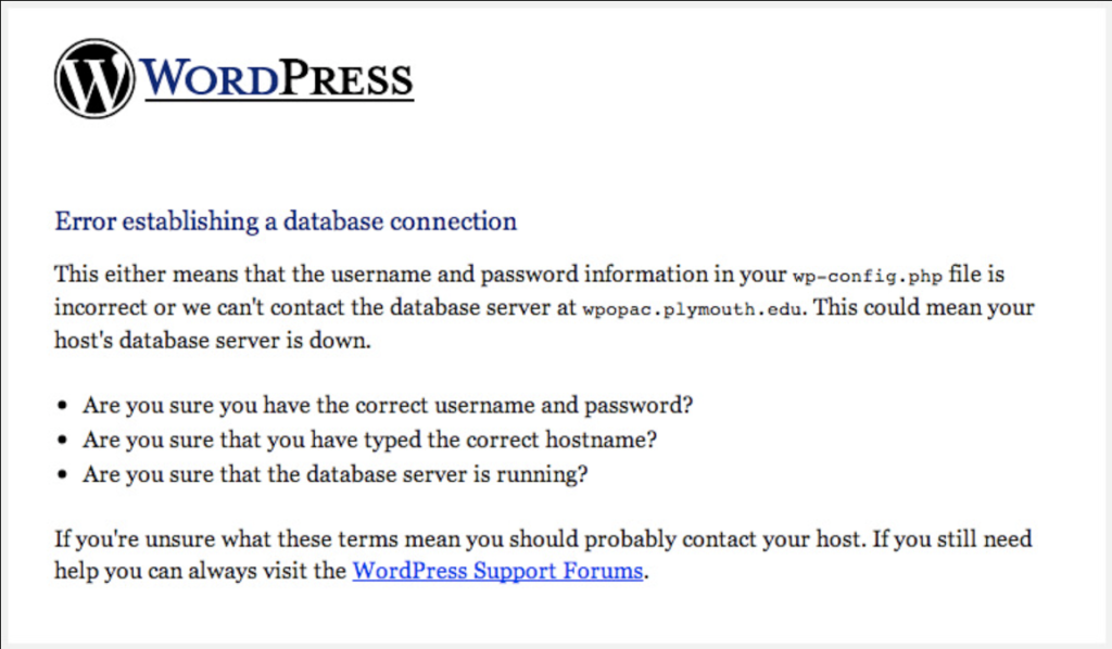 WordPress site message "error establishing database connection"