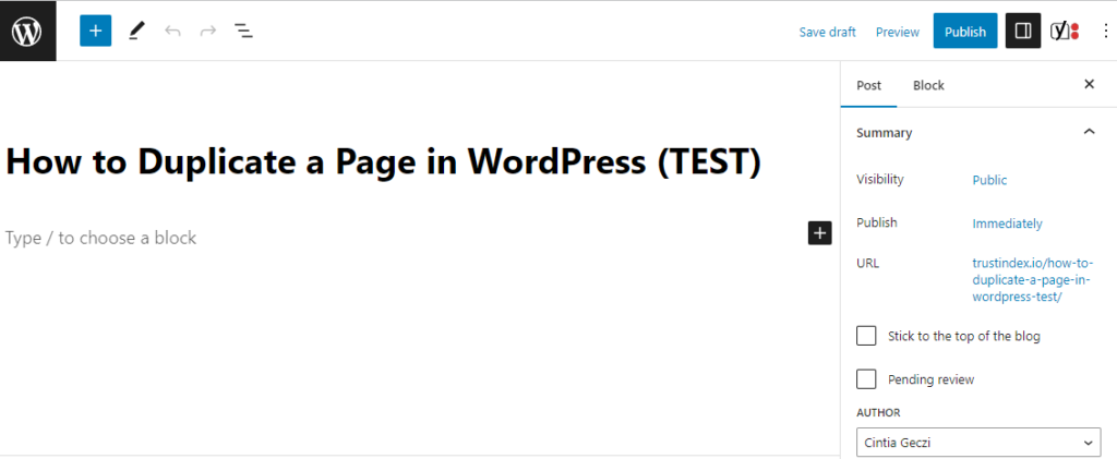 WordPress page editor