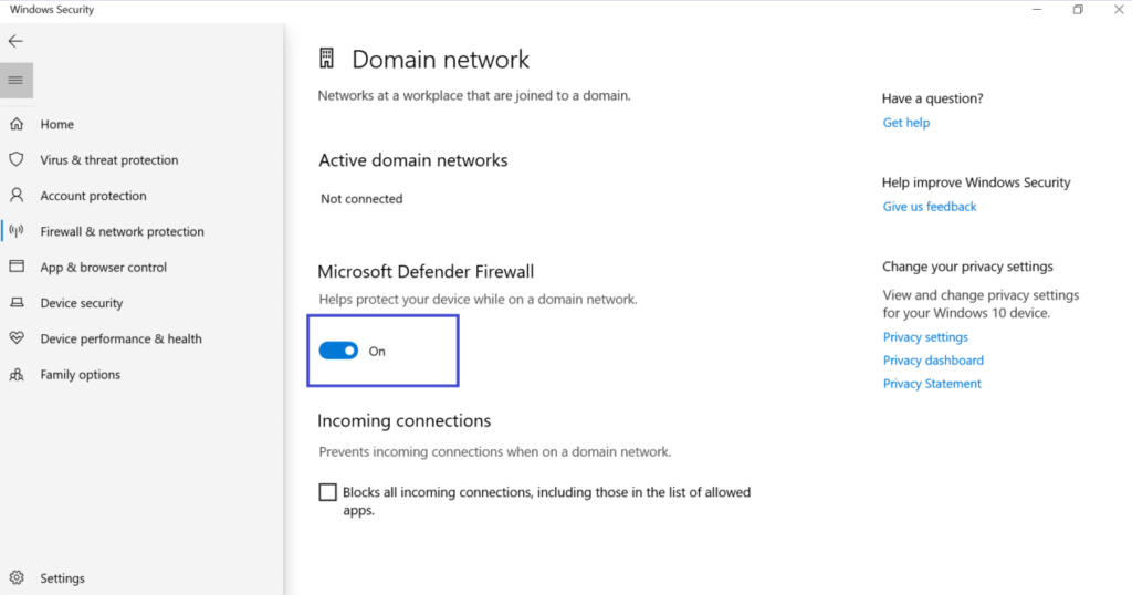 control panel of firewall