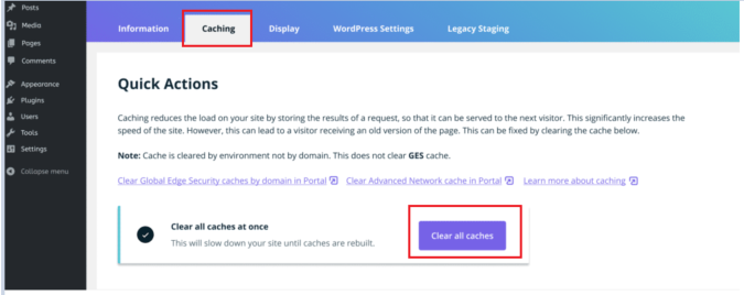 clear your WordPress cache with WP Engine