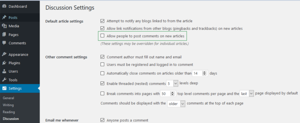 receive comments and comment notifications when checking the box