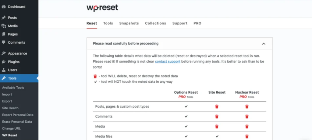 Reset site with WP Reset