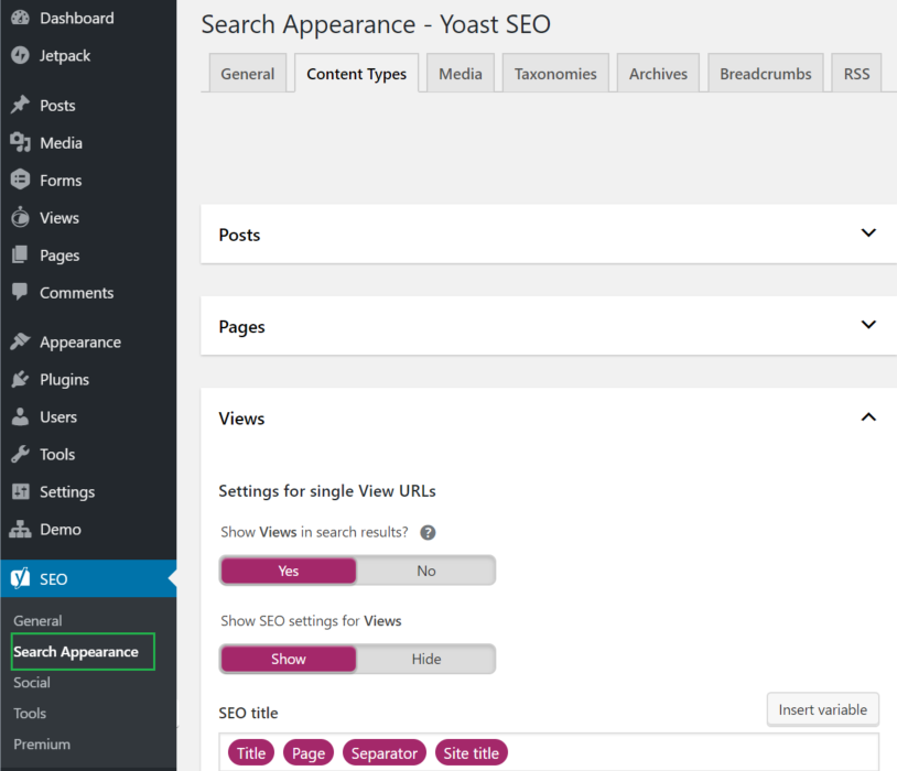 Yoast WordPress SEO plugin appearance settings