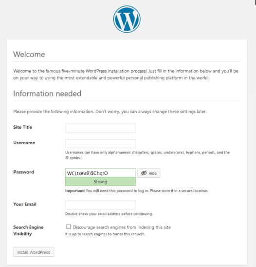 Start a new WordPress installation process