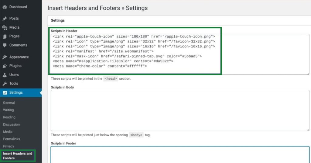instert code into Headers and Footers plugin