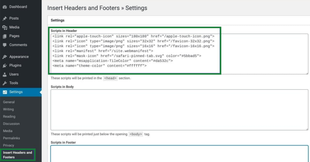 instert code into Headers and Footers plugin