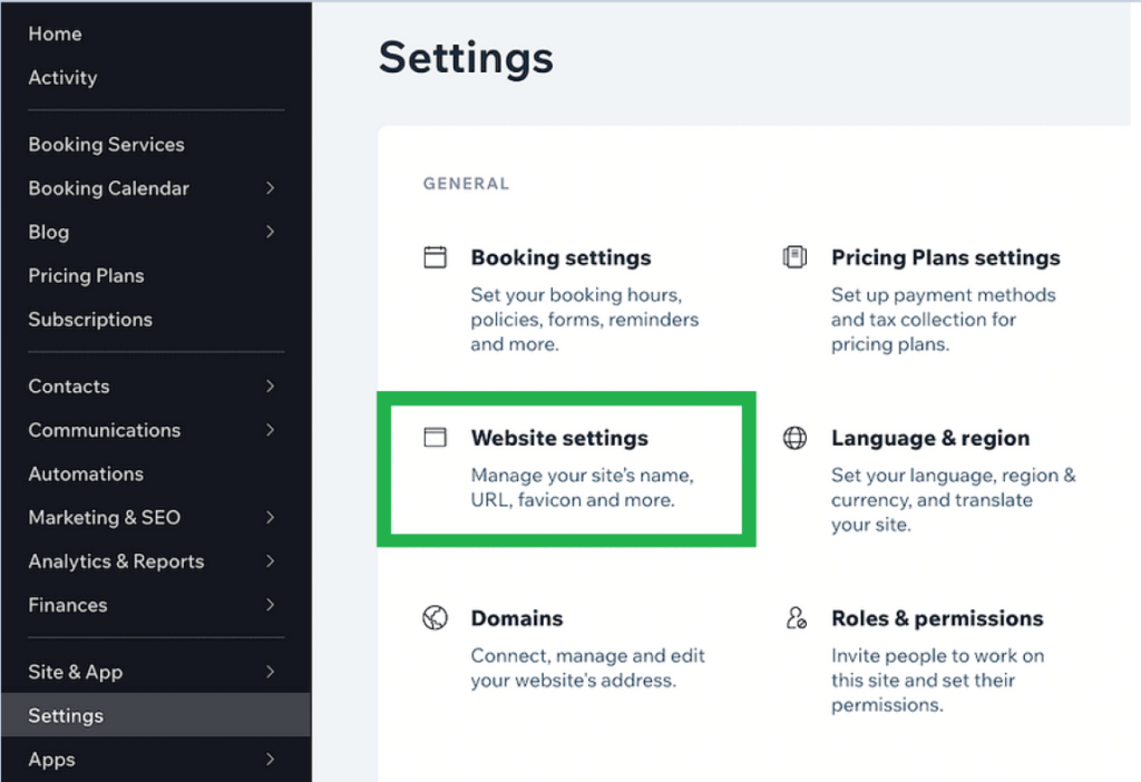 site settings on Wix dashboard