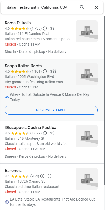 Example of Google Maps listing