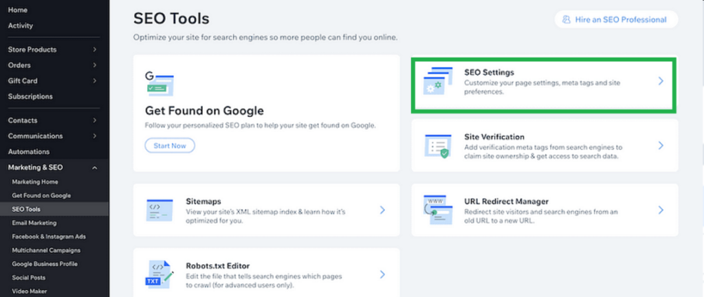 SEO settings on Wix website