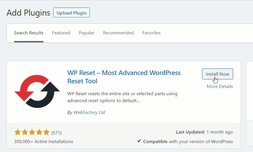 reset with WordPress plugin