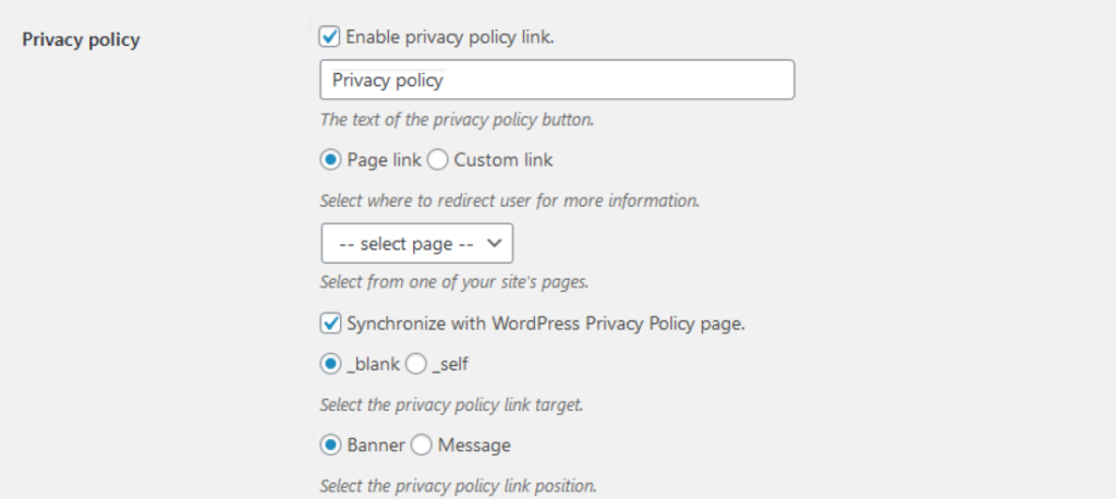 Cookie notification on Privacy Policy page