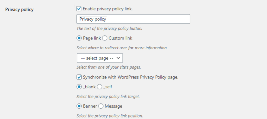 Cookie notification on Privacy Policy page