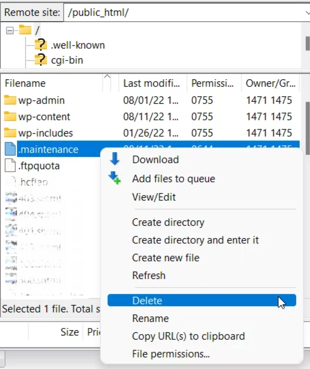 delete WordPress maintenance mode file