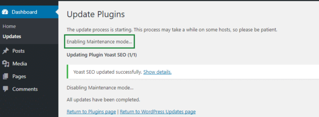 enable maintenance mode WordPress