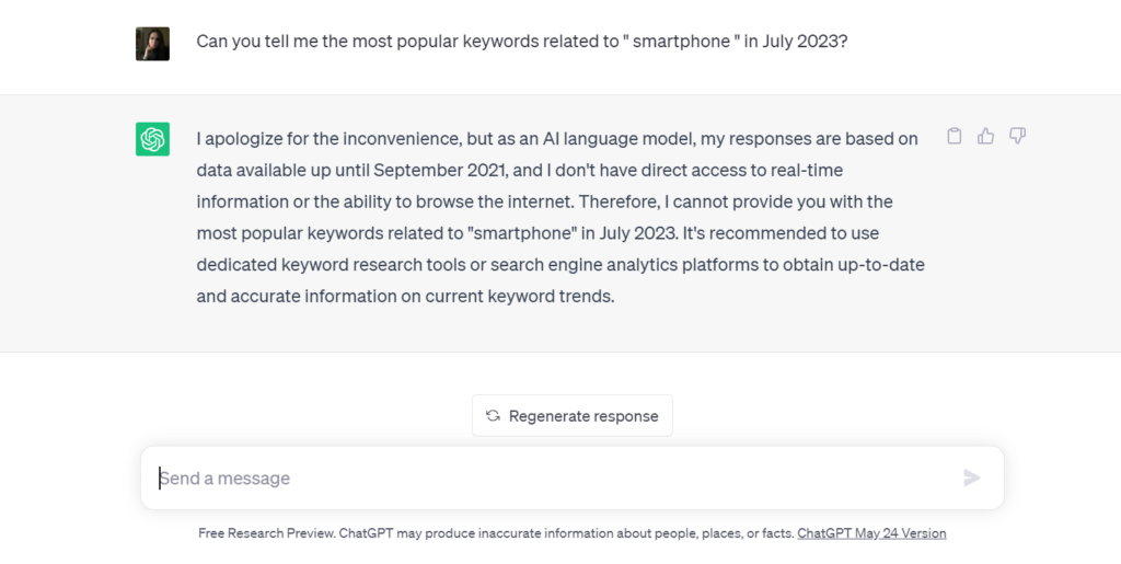 using ChatGPT for SEO keyword research needs a third party tools 