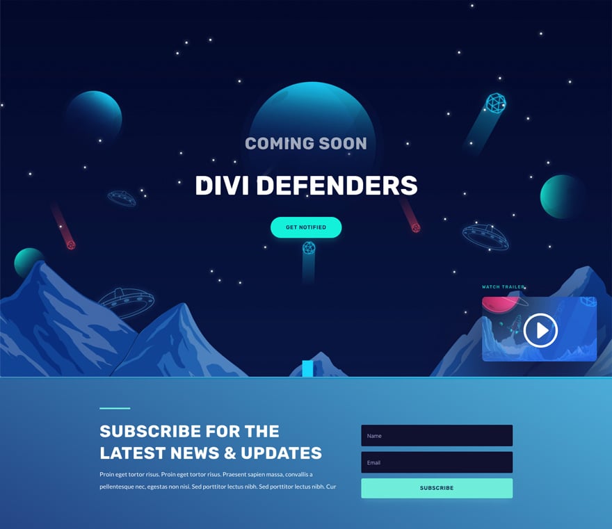 Divi video game coming soon landing page template