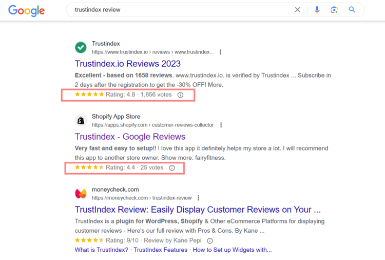 trustindex rich snippet results