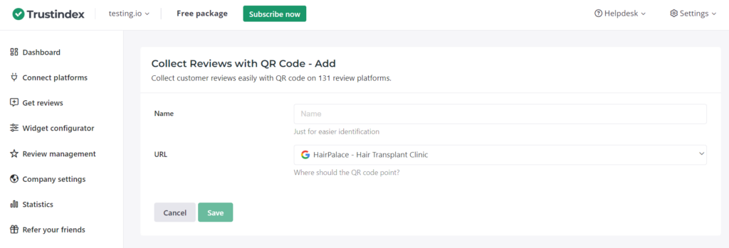 add new QR code in Trustindex