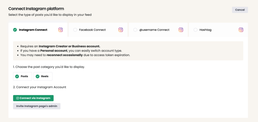 screenshot of the instagram connect page